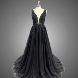 Black A line wedding dress with V Low V back