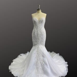 Gorgeous Ivory Heavy beaded lace mermaid wedding dress with a dark background.